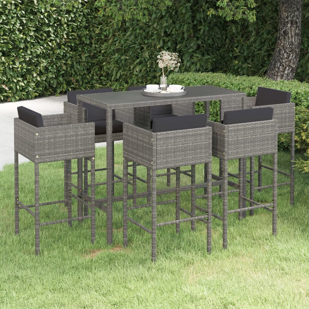 vidaXL Set mobilier bar de grădină cu perne, 7 piese, gri, poliratan
