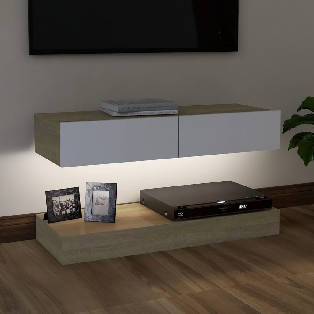 vidaXL Comodă TV cu lumini LED, alb și stejar Sonoma, 90x35 cm
