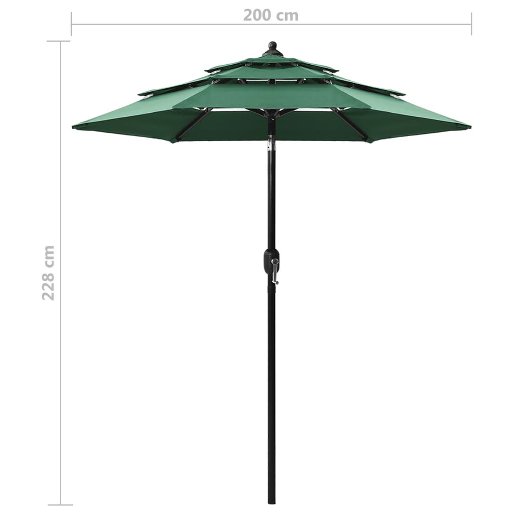 vidaXL Umbrelă de soare 3 niveluri, stâlp de aluminiu, verde, 2 m