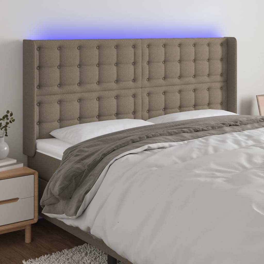 vidaXL Tăblie de pat cu LED, gri taupe, 163x16x118/128 cm, textil