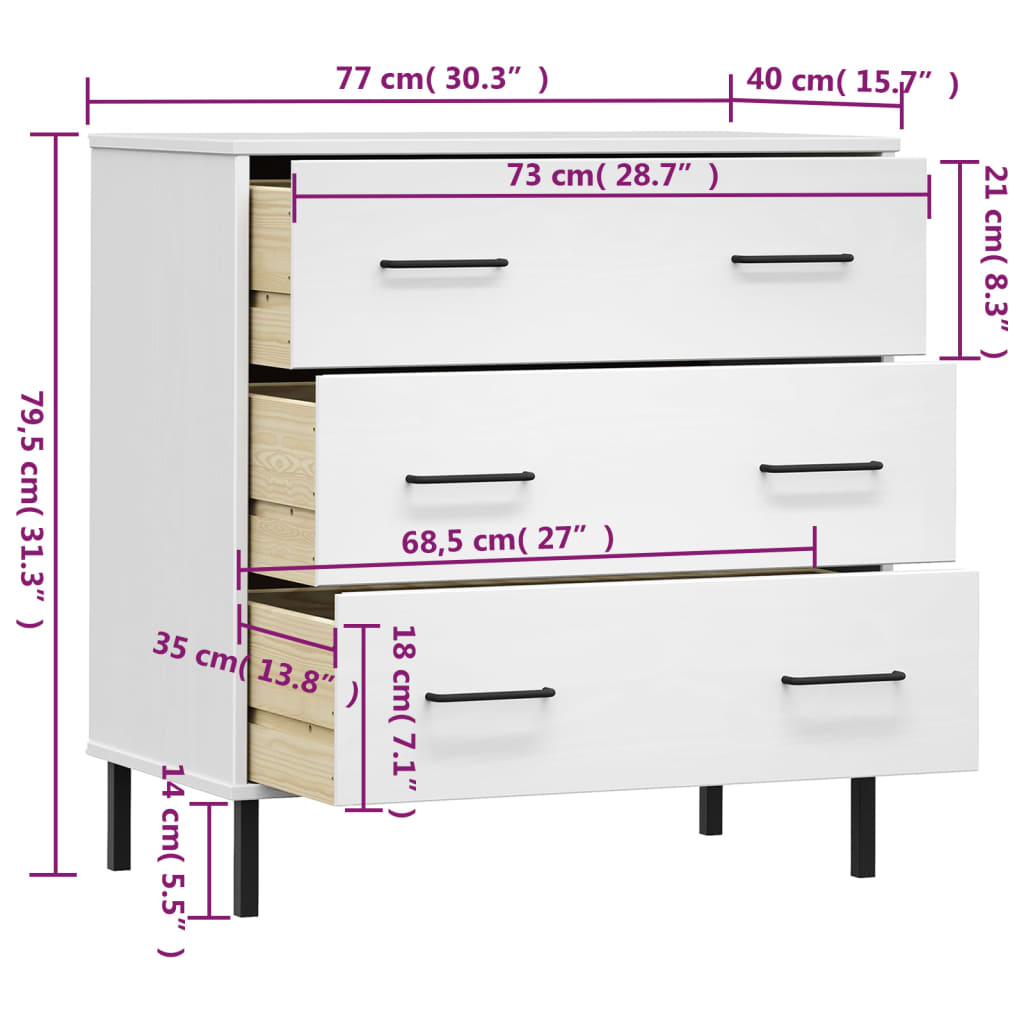 vidaXL Servantă cu 3 sertare, alb, 77x40x79,5 cm, lemn masiv OSLO
