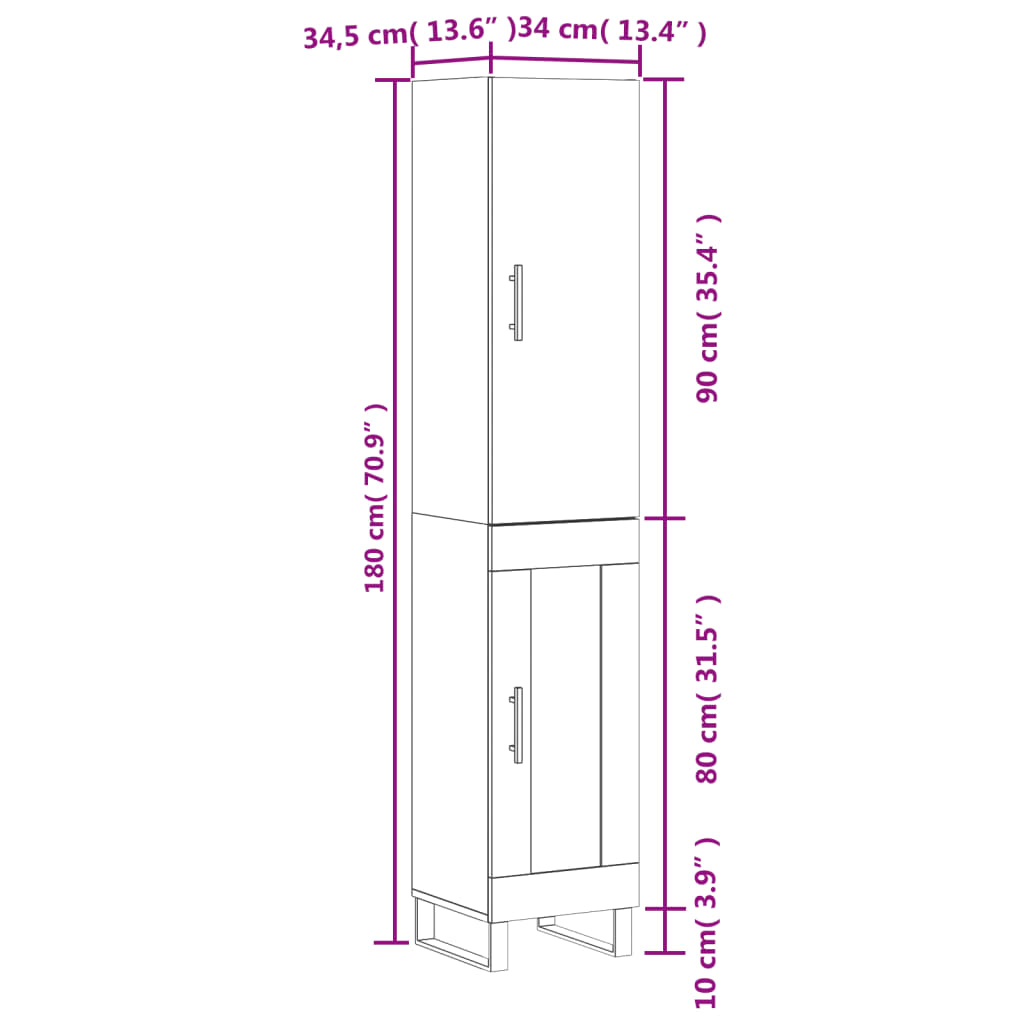 vidaXL Dulap înalt, gri sonoma, 34,5x34x180 cm, lemn prelucrat