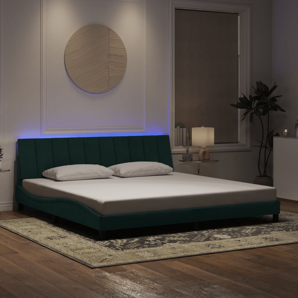 vidaXL Cadru de pat cu lumini LED, verde închis, 200x200 cm, catifea