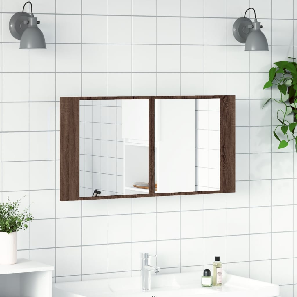 vidaXL Dulap de baie cu oglindă și LED stejar maro, 90x12x45 cm, acril