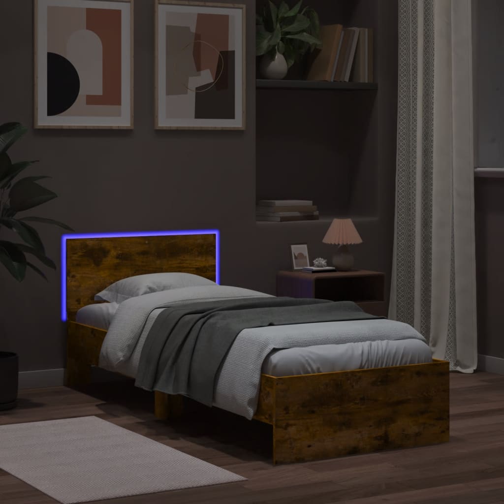 vidaXL Cadru de pat cu tăblie și lumini LED, stejar fumuriu, 75x190 cm
