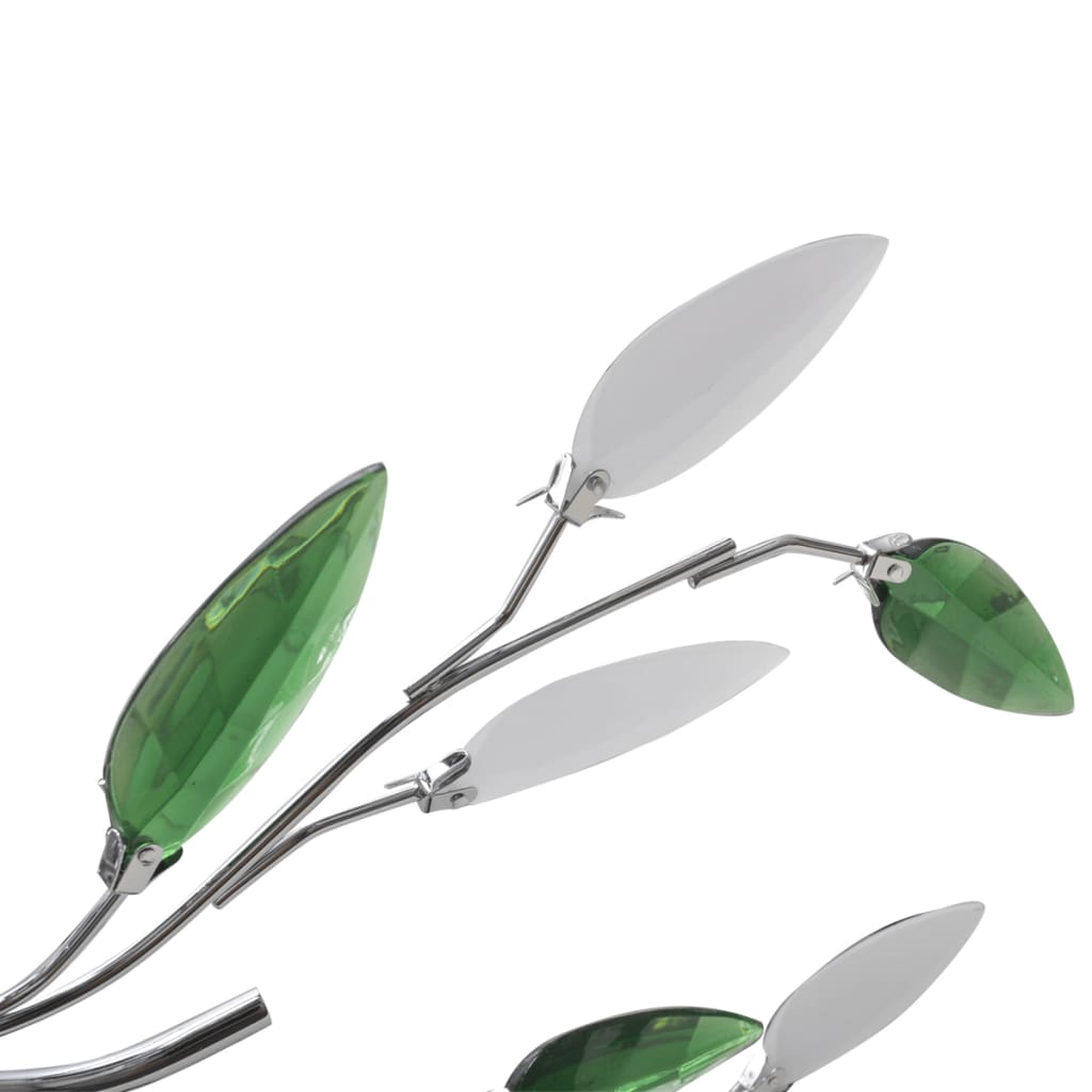 Plafoniera verde/albă, cu brațe frunze cristal acrilic, 5 becuri E14