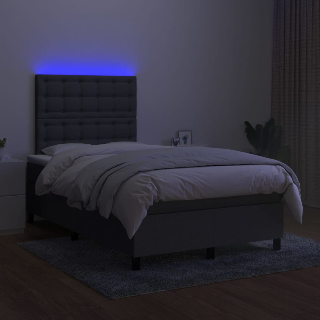 vidaXL Pat cu arcuri, saltea și LED, gri închis, 120x200 cm, textil