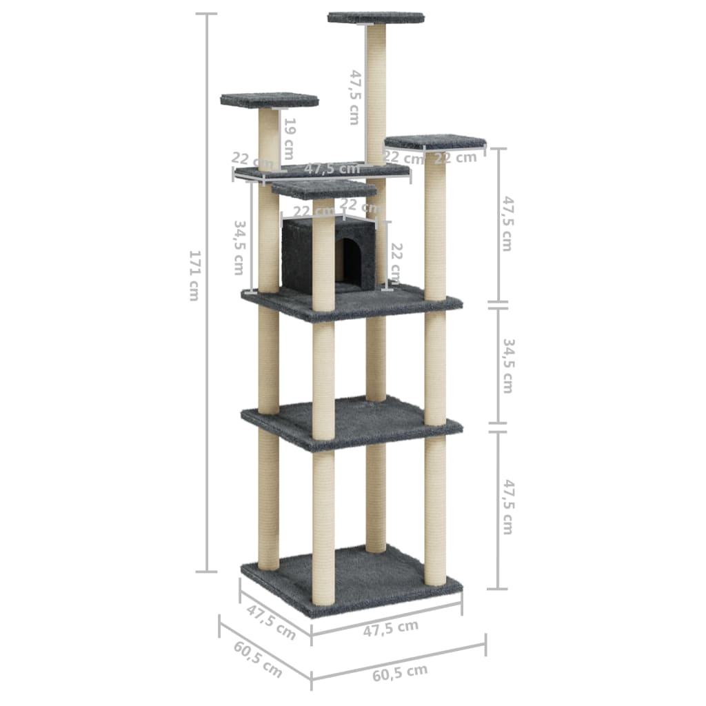 vidaXL Ansamblu pisici, stâlpi din funie sisal, gri închis, 171 cm