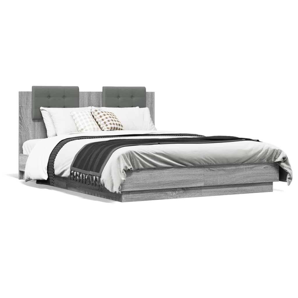 vidaXL Cadru de pat cu tăblie și lumini LED, gri sonoma, 120x190 cm
