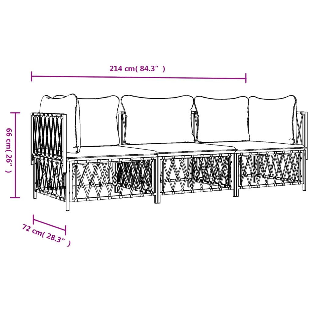 vidaXL Set mobilier de grădină, 3 piese, cu perne, alb, oțel