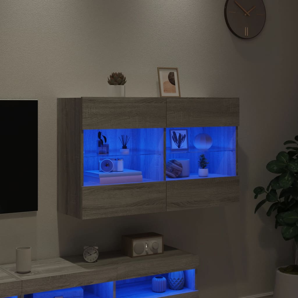 vidaXL Comodă TV de perete cu lumini LED, gri sonoma, 98,5x30x60,5 cm