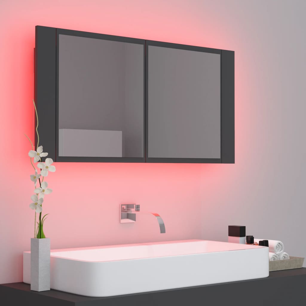 vidaXL Dulap de baie cu oglindă și LED, gri, 90x12x45 cm acril