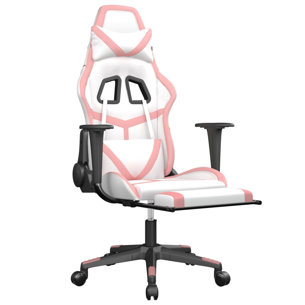 vidaXL Scaun de gaming cu suport picioare, alb/roz, piele ecologică