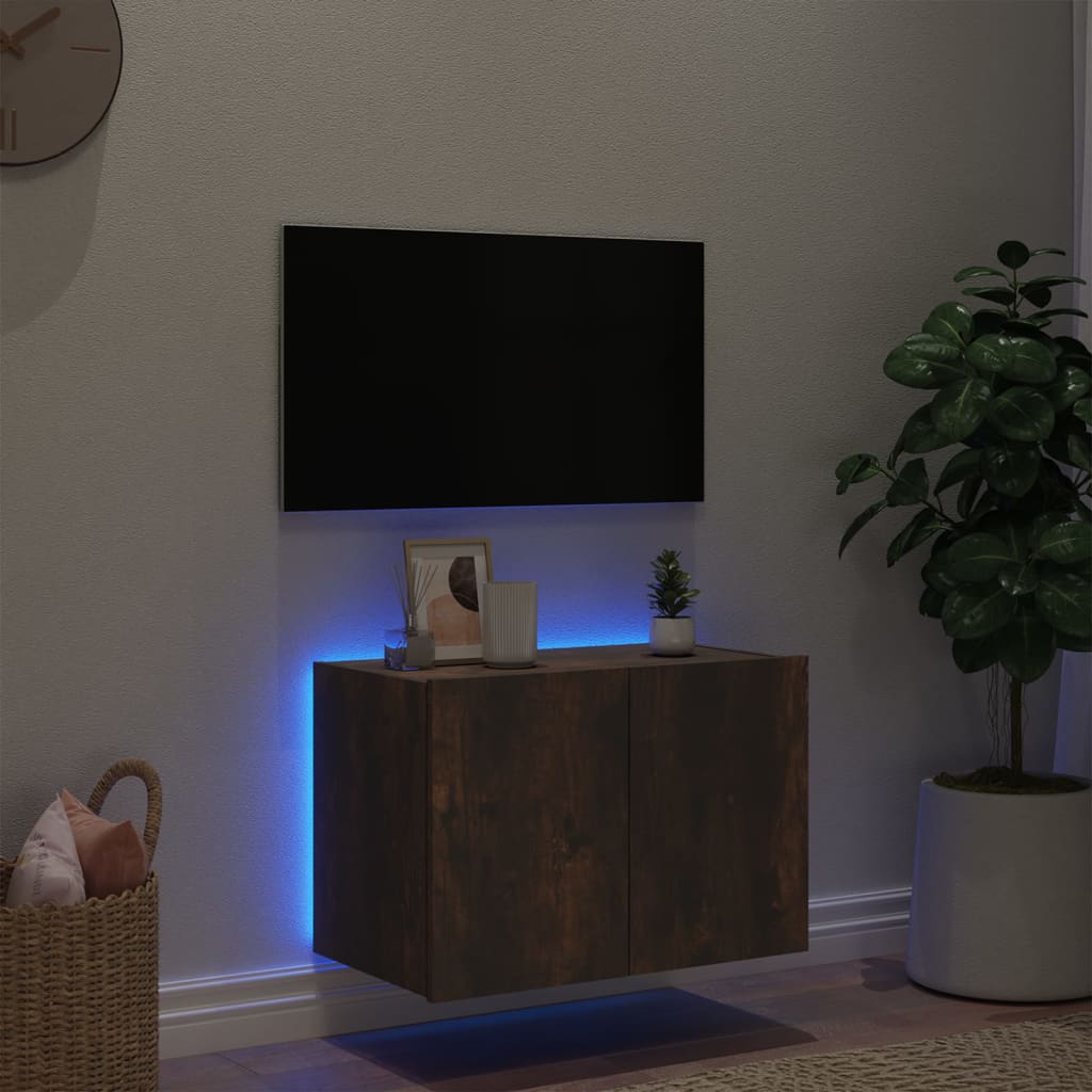 vidaXL Comodă TV de perete cu lumini LED, stejar fumuriu, 60x35x41 cm