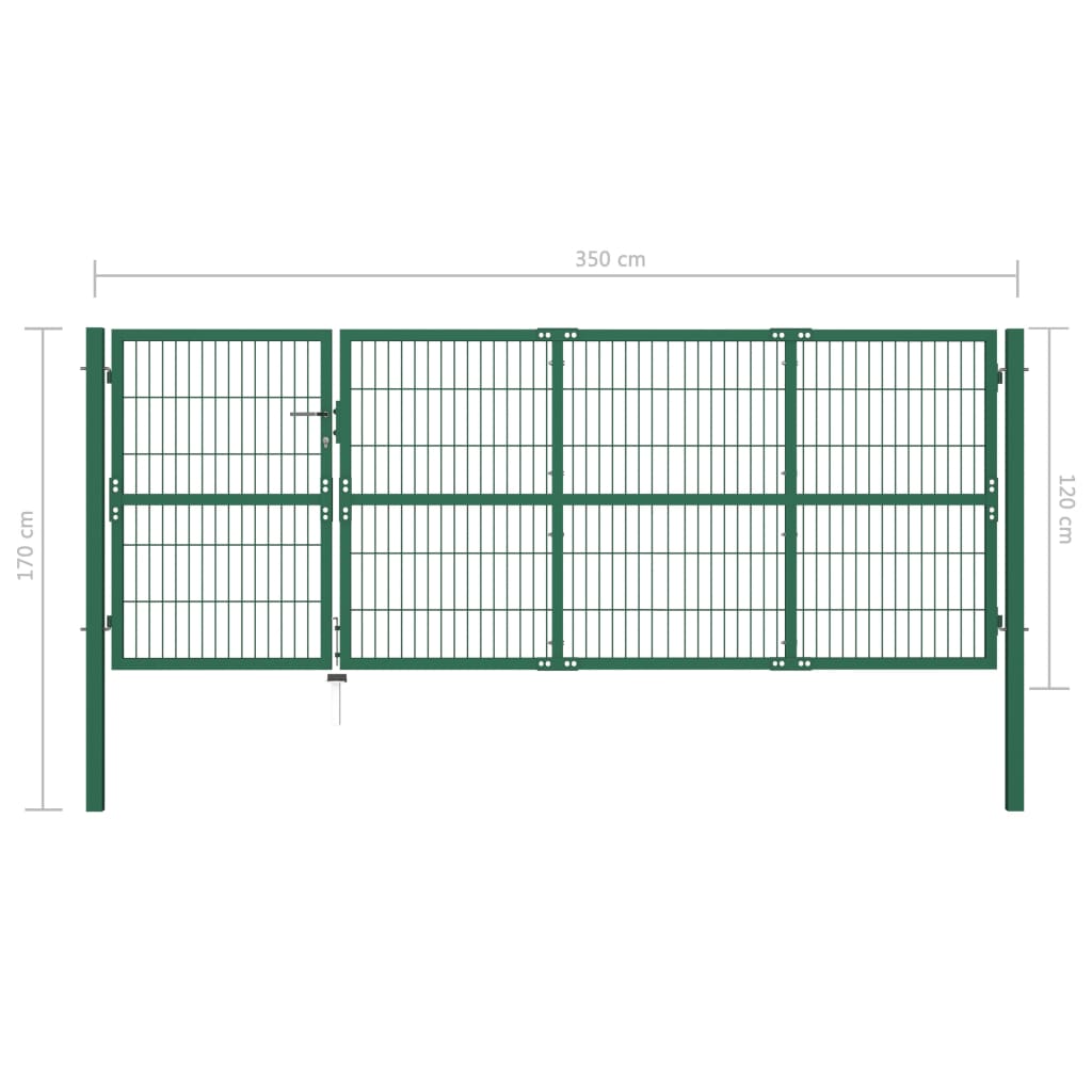 vidaXL Poartă gard de grădină cu stâlpi, verde, 350 x 120 cm, oțel