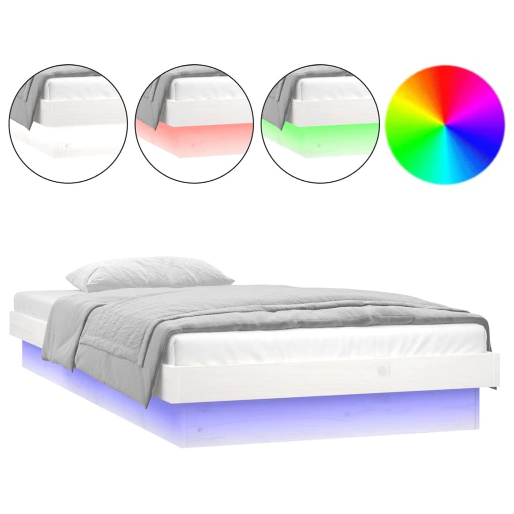 vidaXL Cadru de pat cu LED, alb, 90x200 cm, lemn masiv