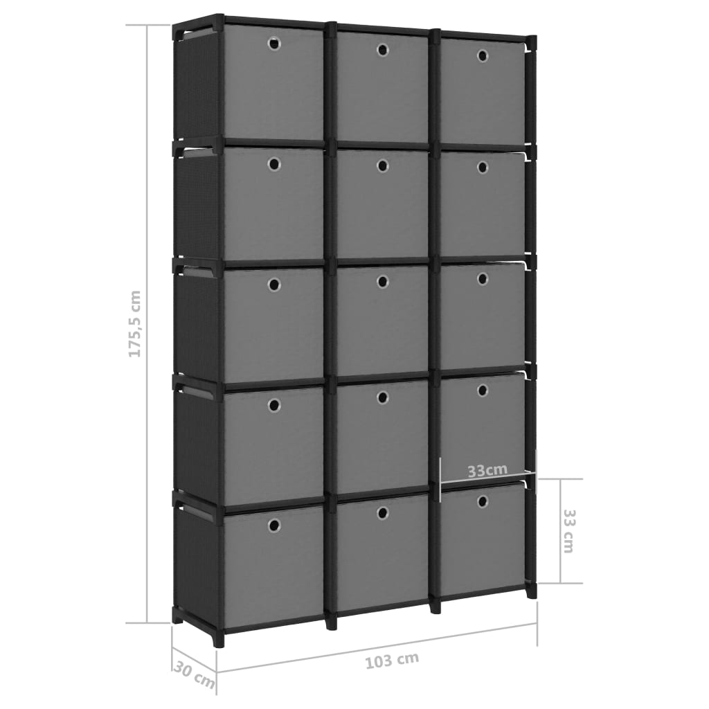 vidaXL Raft expunere 15 cuburi, cutii, negru, 103x30x175,5 cm, textil