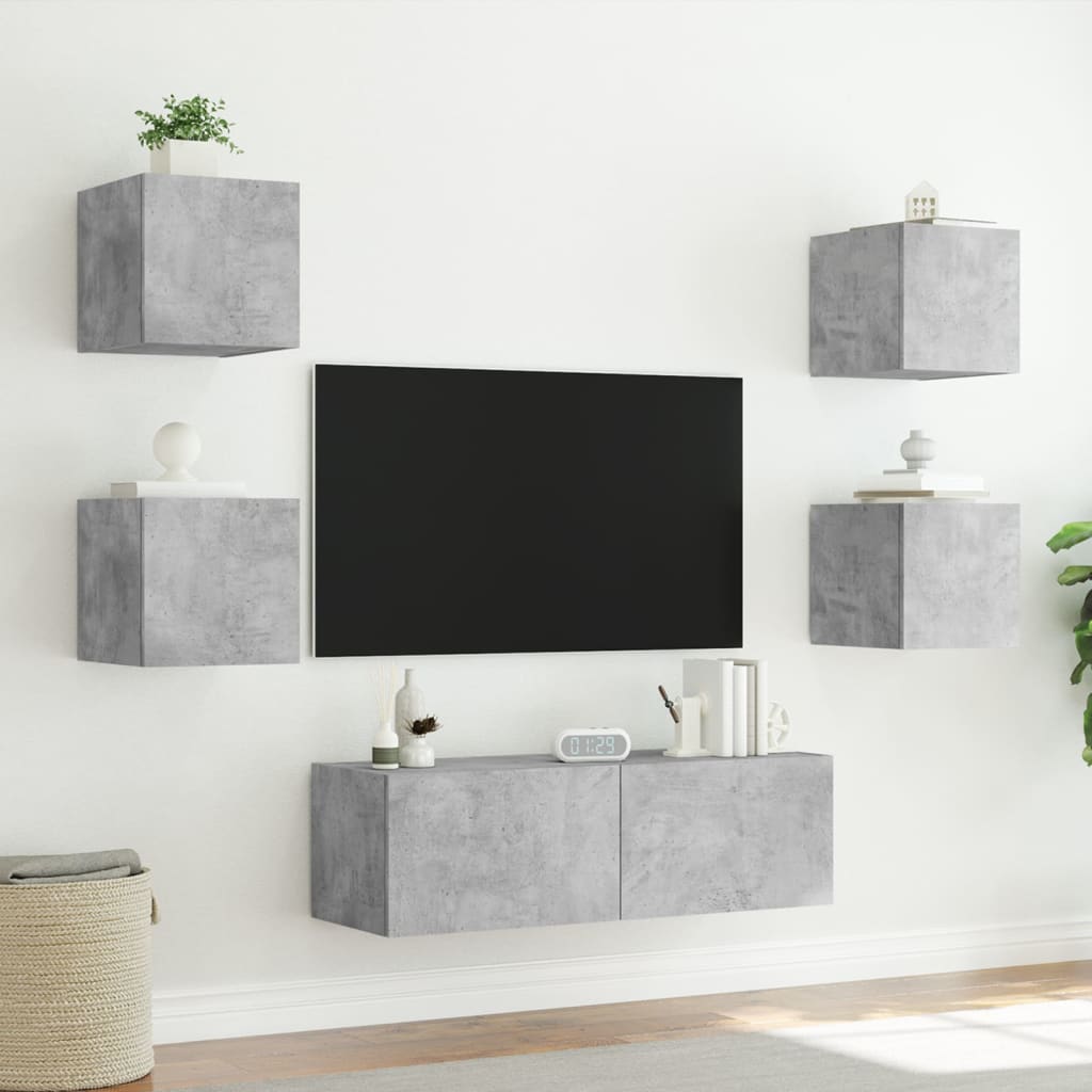 vidaXL Comode TV de perete cu lumini LED, 5 piese, gri beton