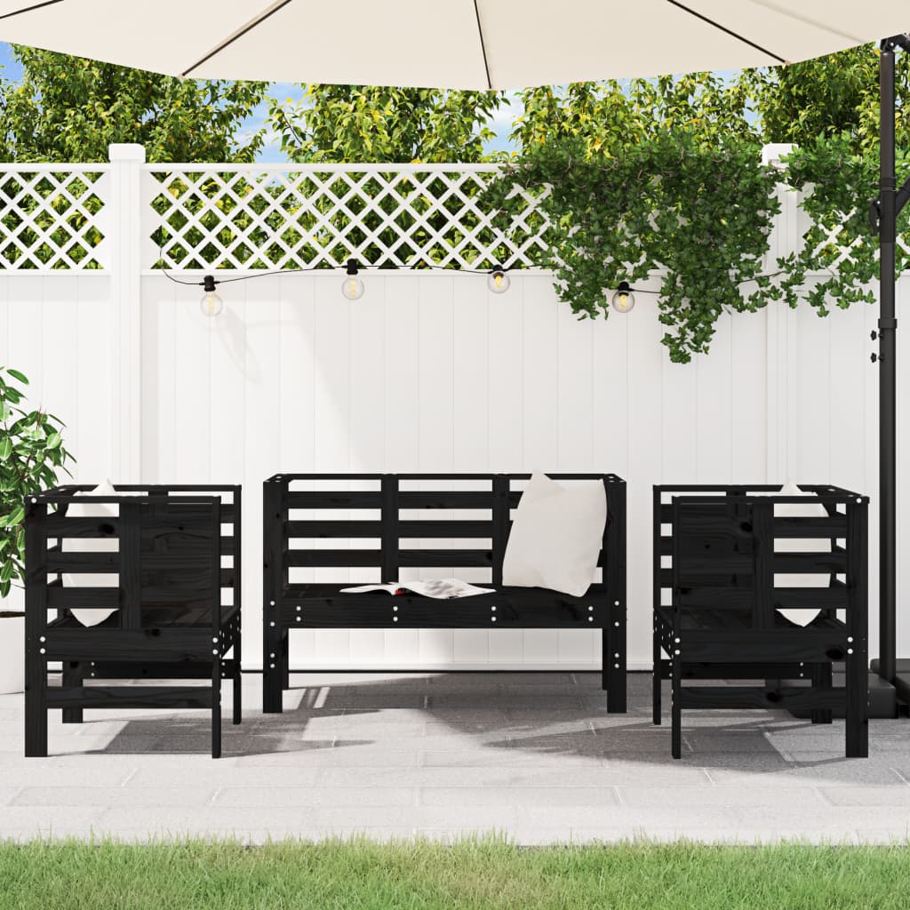 vidaXL Set mobilier de grădină, 3 piese, negru, lemn masiv pin