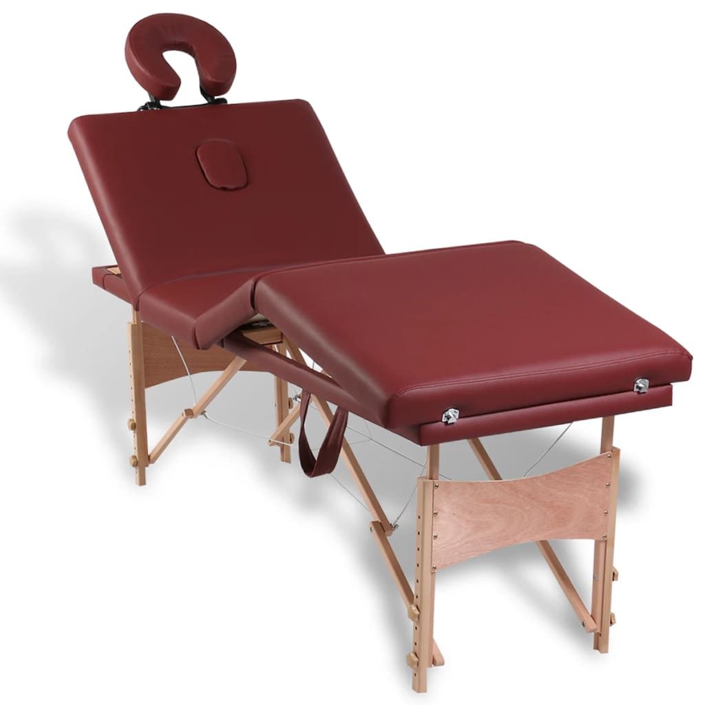 Masă de masaj pliabilă, 4 zone, roșu, cadru din lemn