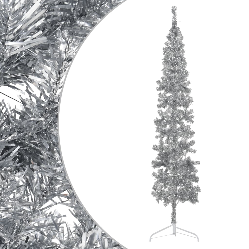 vidaXL Jumătate brad de Crăciun subțire cu suport, argintiu, 240 cm