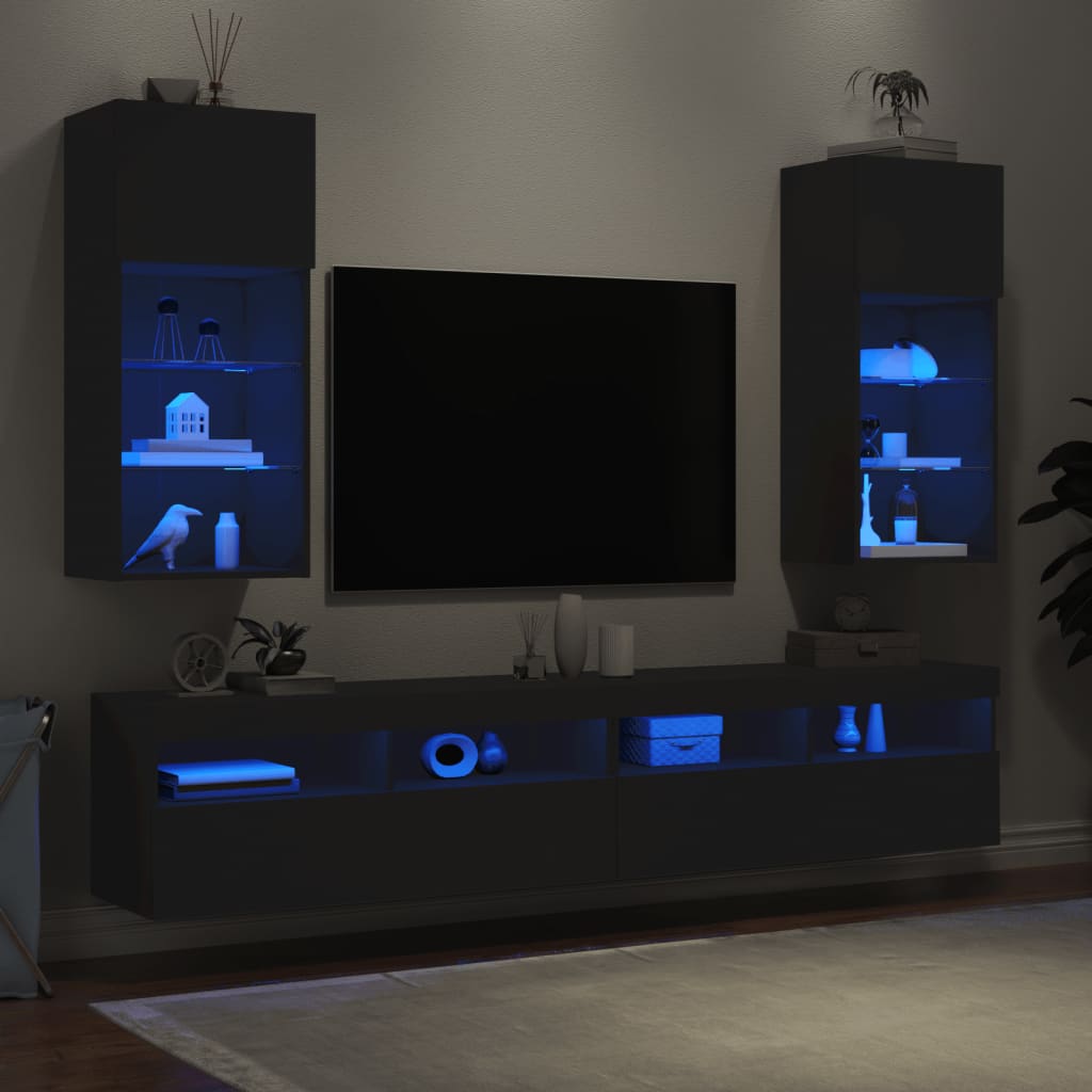 vidaXL Comode TV cu lumini LED, 2 buc., negru, 40,5x30x90 cm