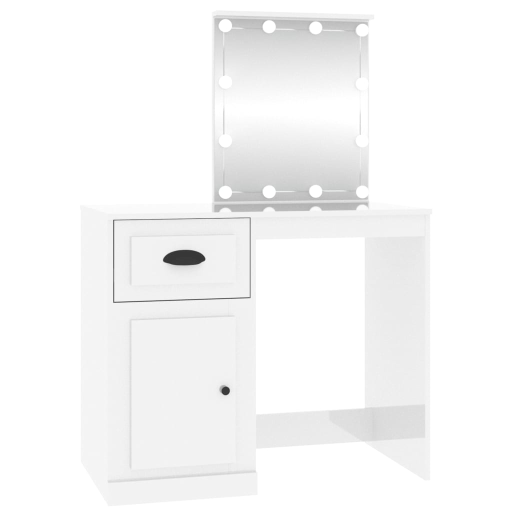 vidaXL Masă de toaletă cu LED, alb extralucios, 90x50x132,5 cm, lemn
