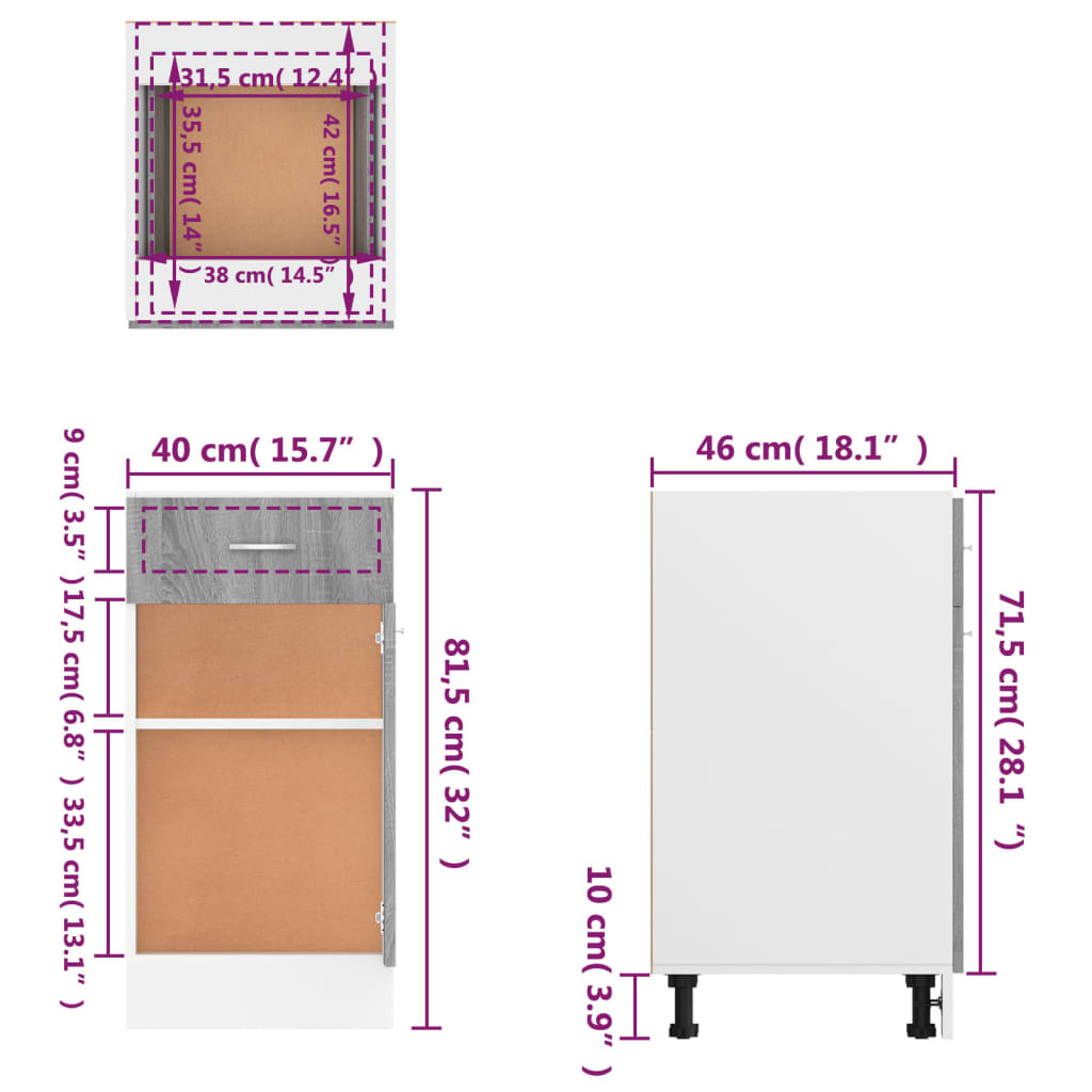 vidaXL Dulap inferior cu sertar gri sonoma 40x46x81,5cm lemn prelucrat