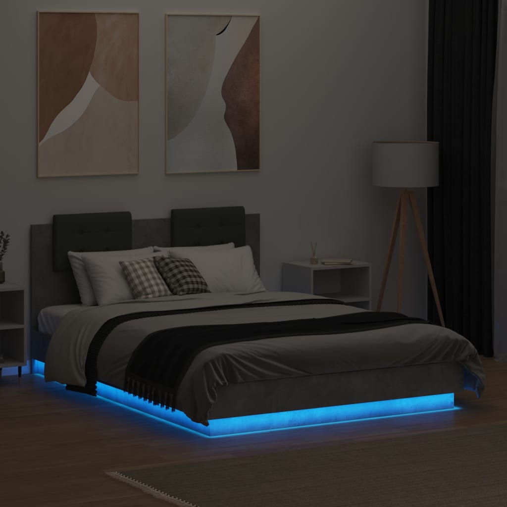vidaXL Cadru de pat cu tăblie și lumini LED, gri beton, 135x190 cm