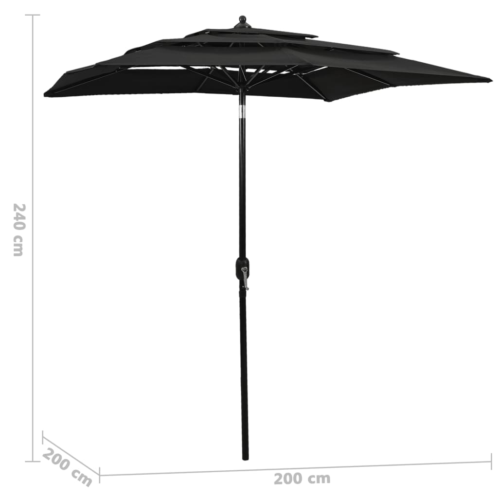 vidaXL Umbrelă de soare 3 niveluri, stâlp de aluminiu, negru, 2x2 m