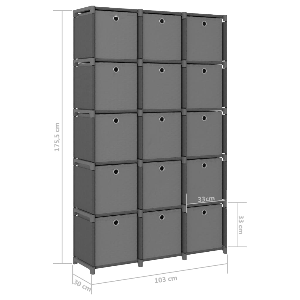 vidaXL Raft expunere 15 cuburi, cutii, gri 103x30x175,5 cm, textil