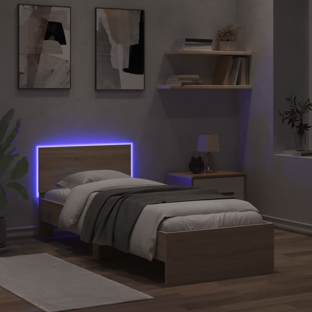 vidaXL Cadru de pat cu tăblie și lumini LED, stejar sonoma, 75x190 cm