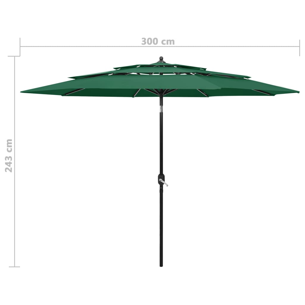 vidaXL Umbrelă de soare 3 niveluri, stâlp de aluminiu, verde, 3 m
