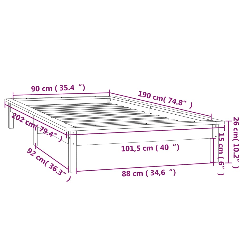 vidaXL Cadru de pat single, cu LED, gri, 90x190 cm, lemn masiv