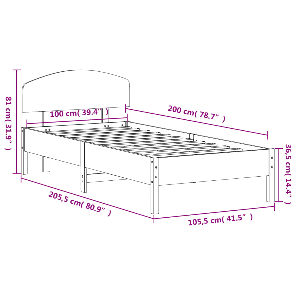vidaXL Cadru de pat cu tăblie, 100x200 cm, lemn masiv de pin