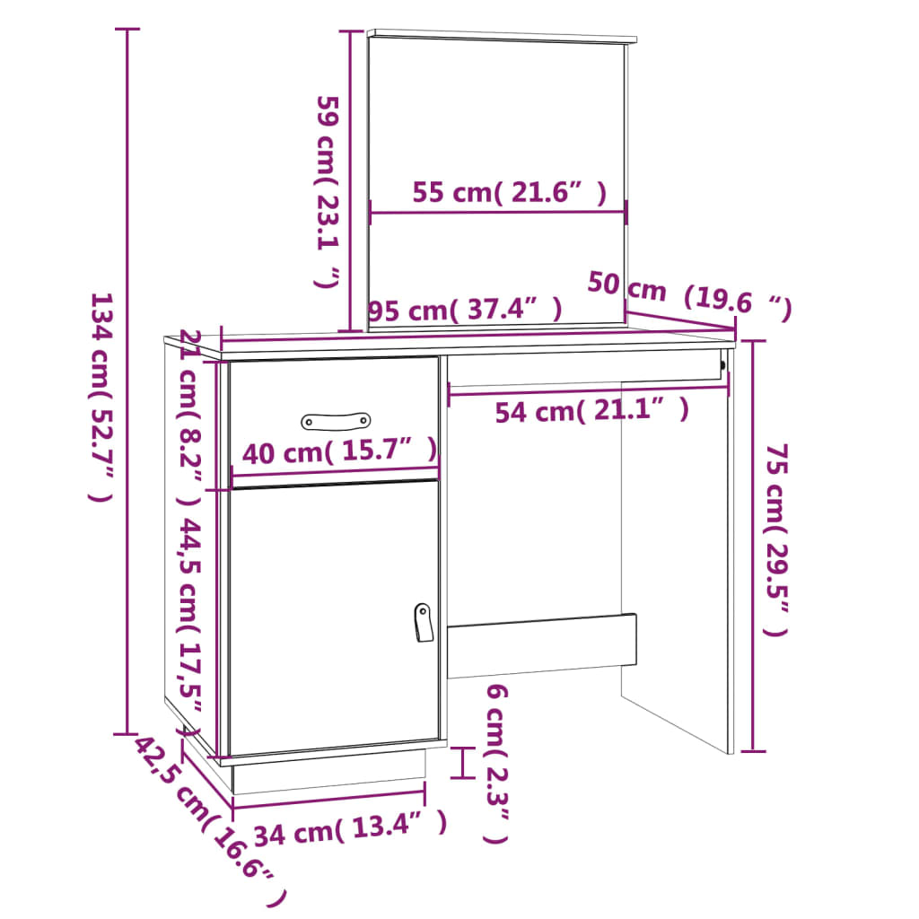 vidaXL Măsuță de toaletă, gri, 95x50x134 cm, lemn masiv de pin