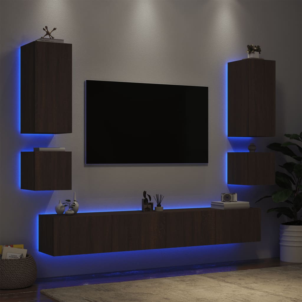 vidaXL Comode TV de perete cu lumini LED, 6 piese, stejar maro