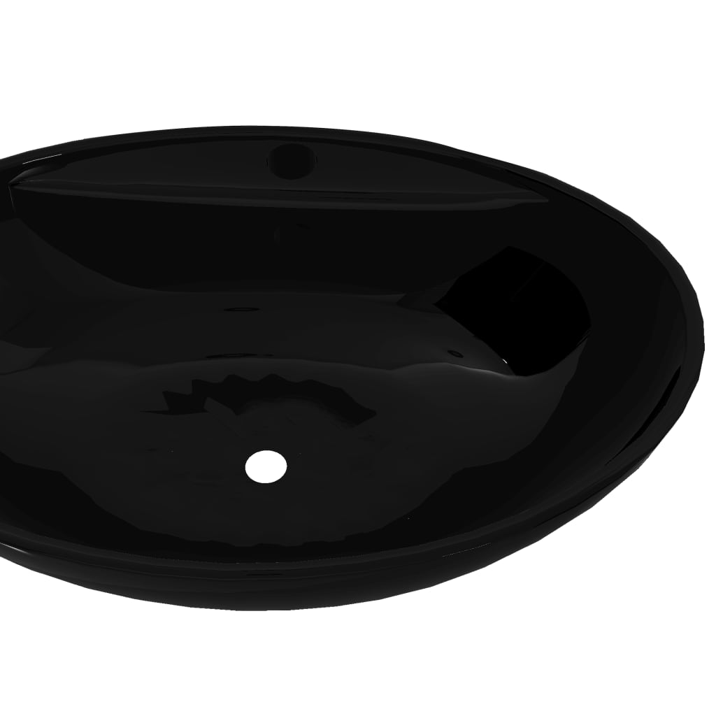 Chiuvetă baie, orificiu robinet/preaplin, negru, ceramică, oval