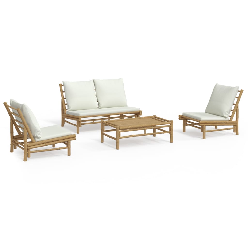 vidaXL Set mobilier de grădină, cu perne alb crem, 4 piese, bambus