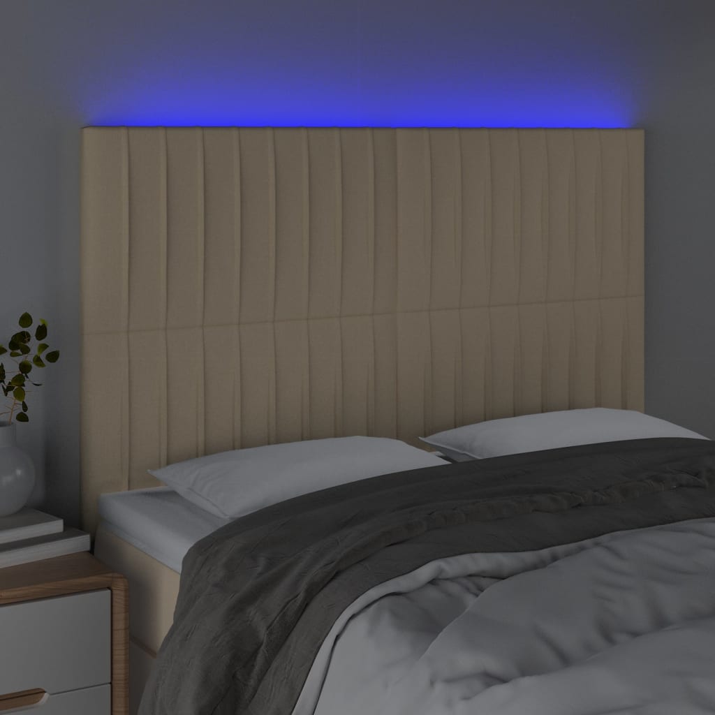 vidaXL Tăblie de pat cu LED, crem, 144x5x118/128 cm, textil