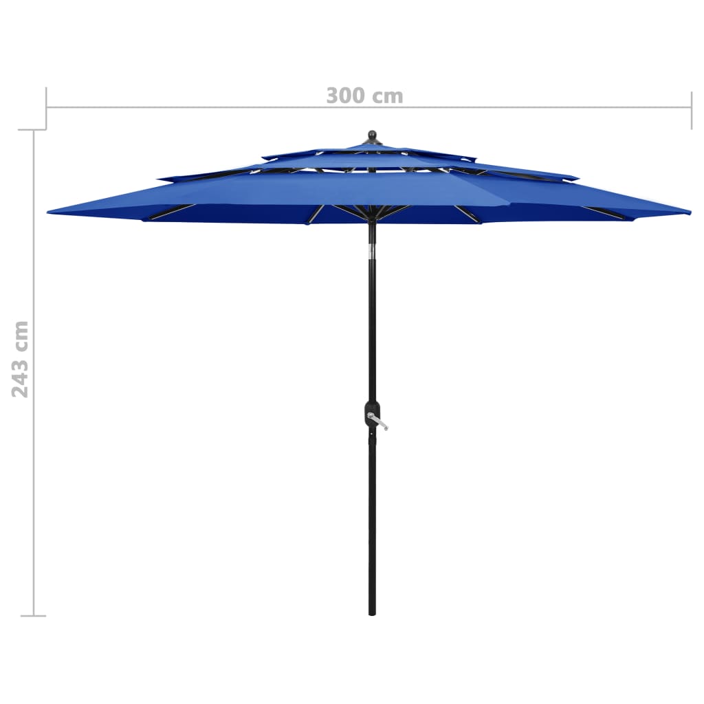 vidaXL Umbrelă de soare 3 niveluri, stâlp de aluminiu, azuriu, 3 m