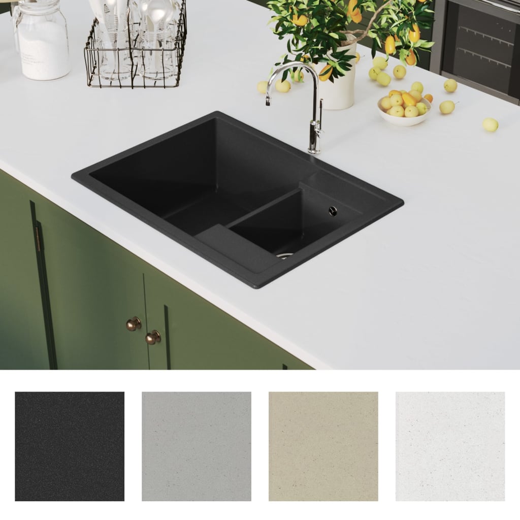 vidaXL Chiuvetă bucătărie dublă cu orificiu de preaplin, negru, granit