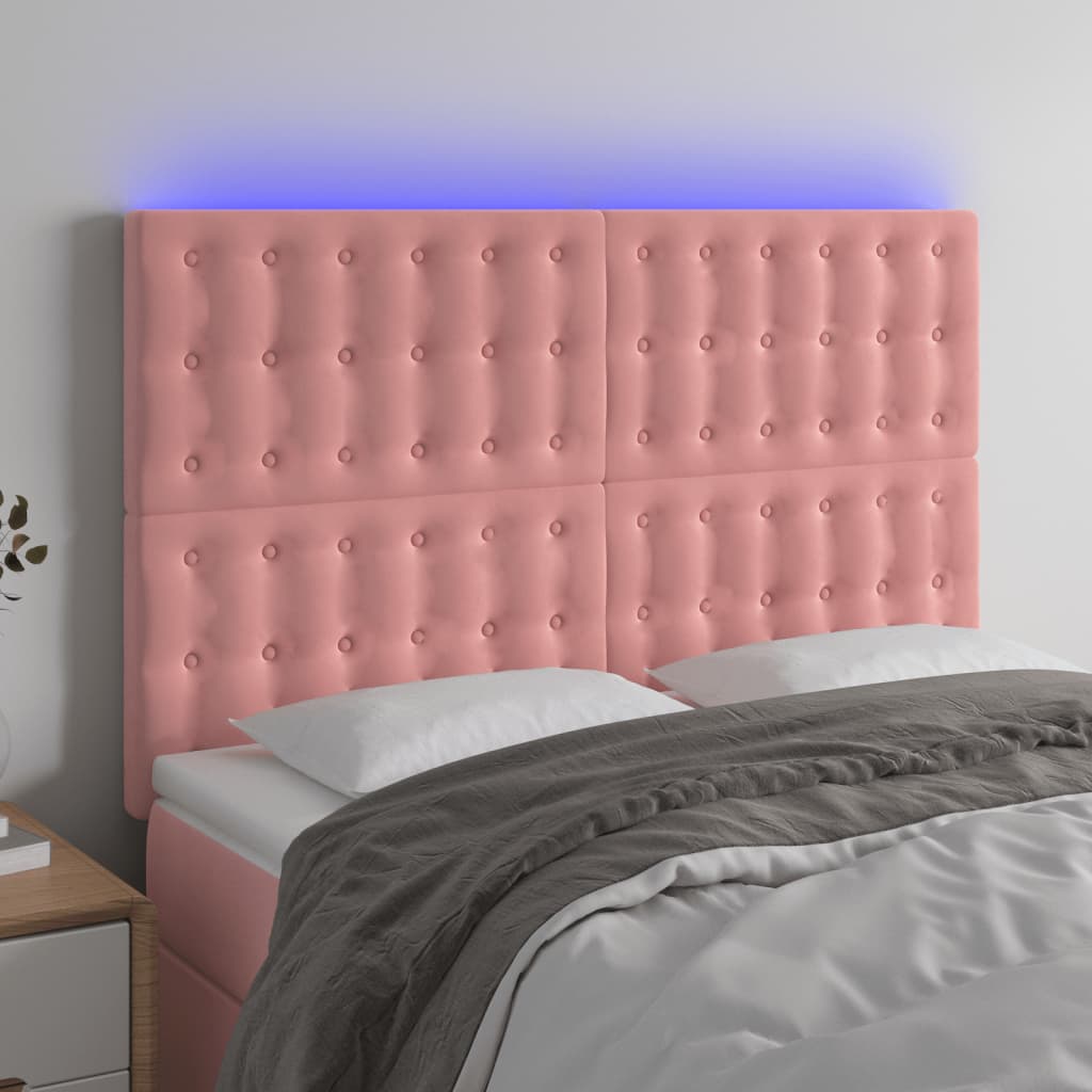 vidaXL Tăblie de pat cu LED, roz, 144x5x118/128 cm, catifea