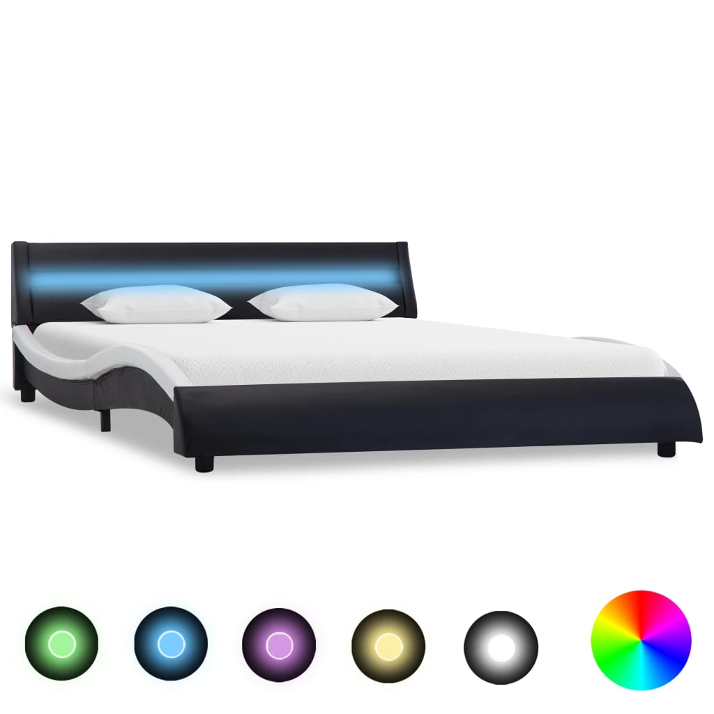vidaXL Cadru de pat cu LED, negru & alb, 160 x 200 cm, piele ecologică