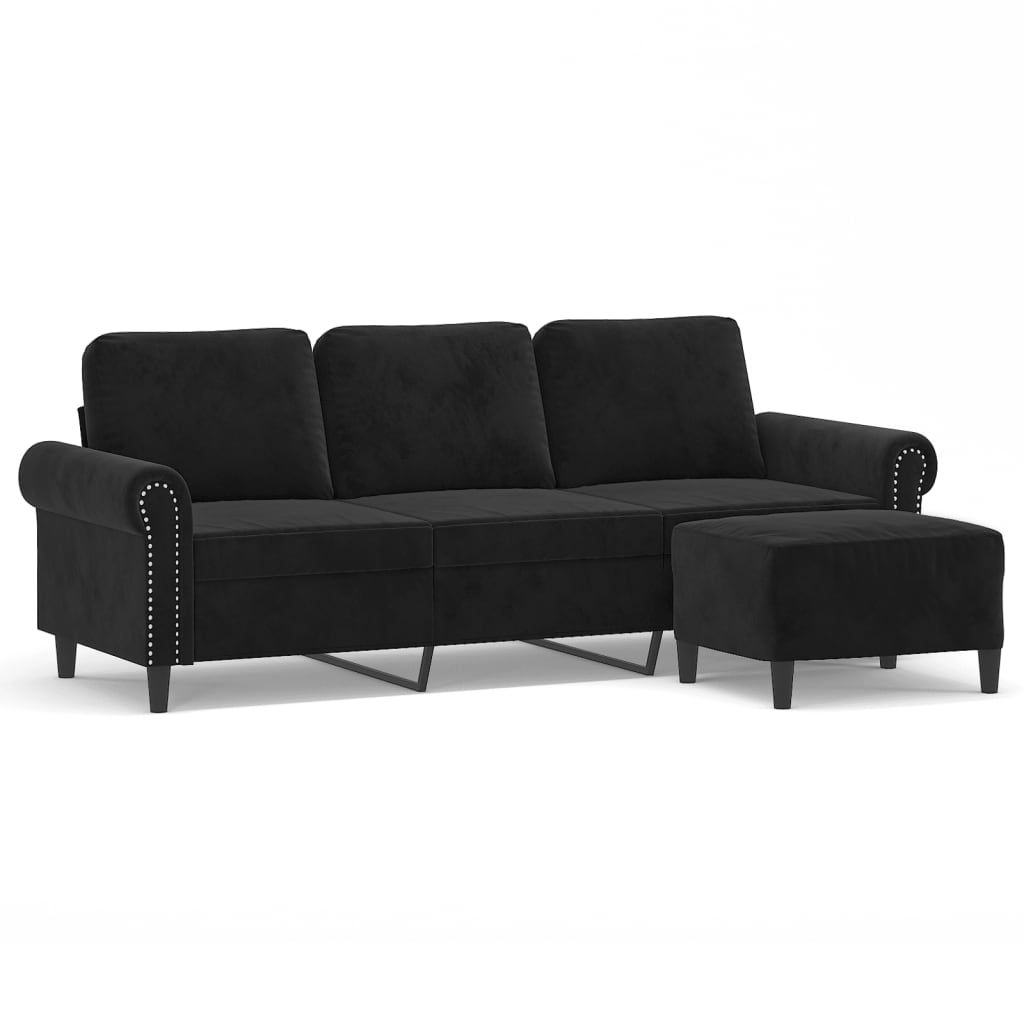 vidaXL Canapea cu 3 locuri și taburet, negru, 180 cm, catifea