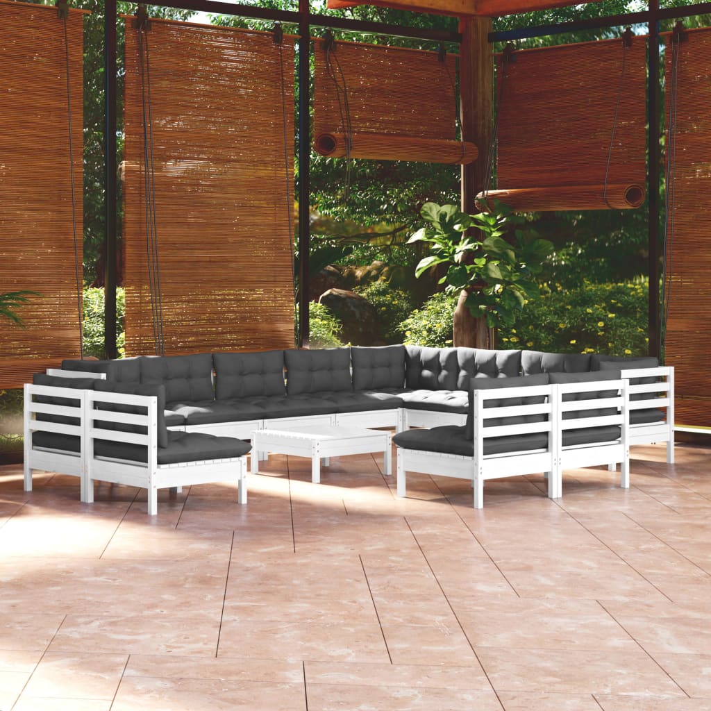 vidaXL Set mobilier grădină cu perne, 13 piese, alb, lemn masiv pin
