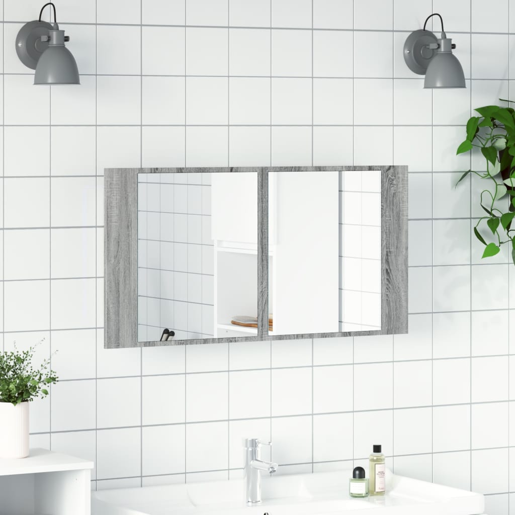 vidaXL Dulap de baie cu oglindă și LED gri sonoma, 90x12x45 cm, acril