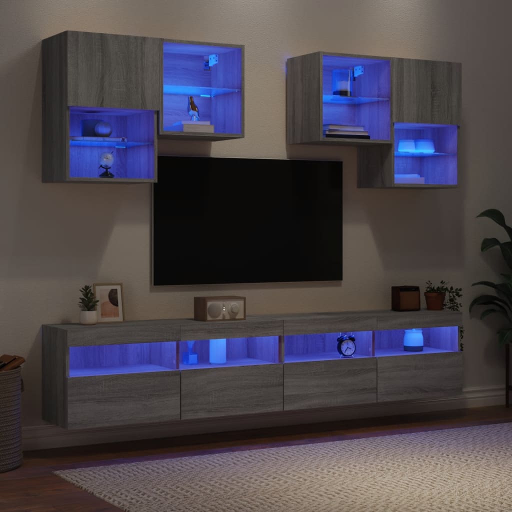 vidaXL Comode TV de perete cu lumini LED, 6 piese, gri sonoma