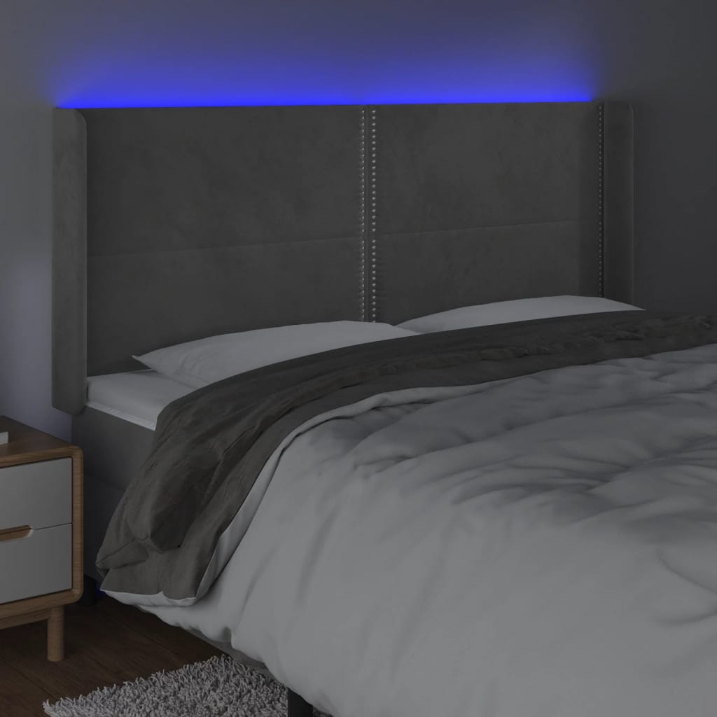 vidaXL Tăblie de pat cu LED, gri deschis, 183x16x118/128 cm, catifea