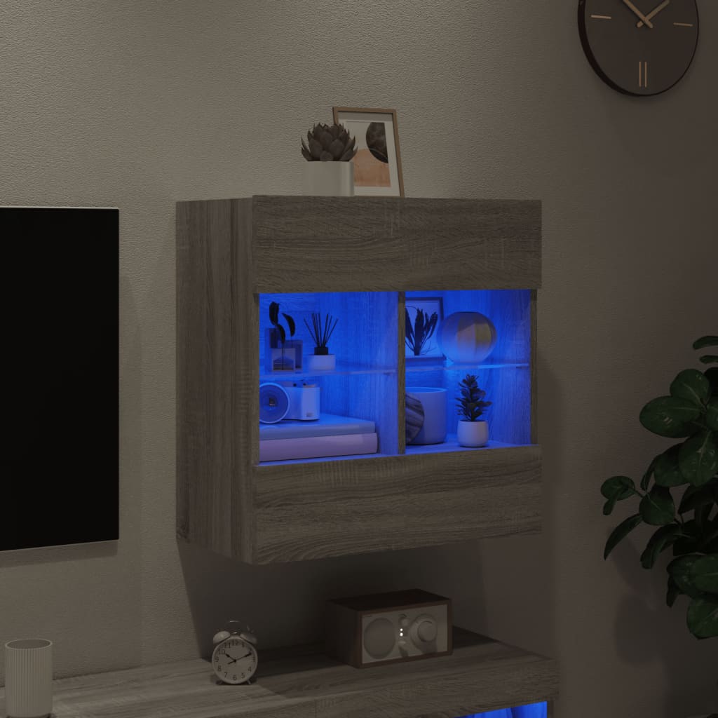 vidaXL Comodă TV de perete cu lumini LED, gri sonoma, 58,5x30x60,5 cm